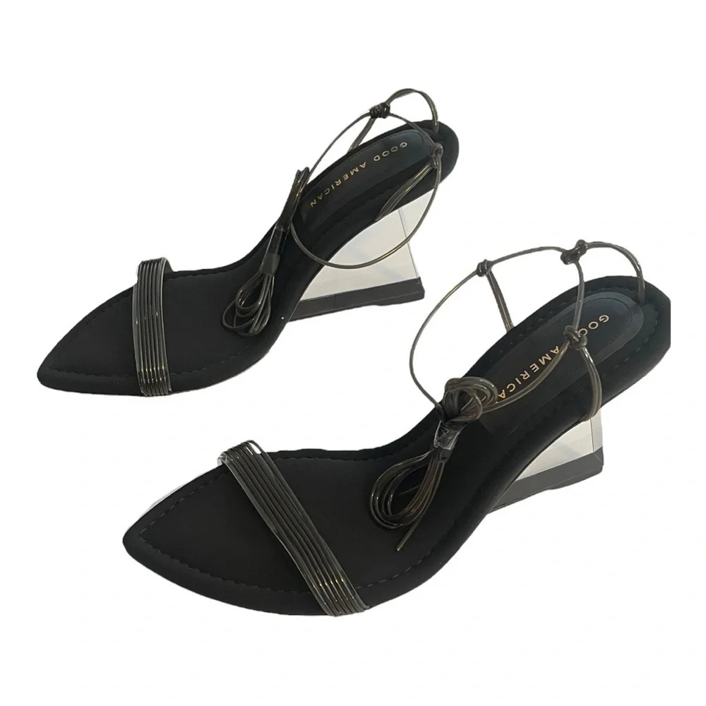 Good American PVC smoky clear wedge ankle strap shoes NWT